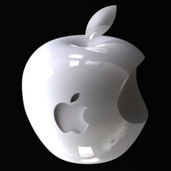 White 3D rendered apple with a cut-out Apple logo on a black background.