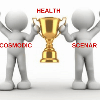 Two figures, COSMODIC and SCENAR, holding a golden 'HEALTH' trophy.