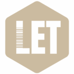 Tan hexagonal logo featuring the word LET in white stylized text.