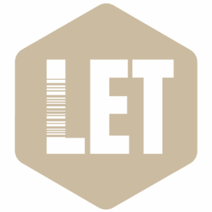 Tan hexagonal logo featuring the word LET in white stylized text.