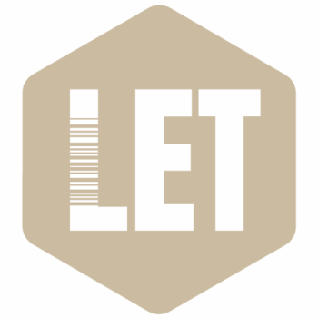 Tan hexagonal logo featuring the word LET in white stylized text.