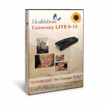 HealthBoss University LIVE 6-13 training DVD cover featuring COSMODIC therapy for rejuvenation.