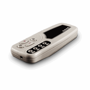 Gray D.O.V.E. SCENAR handheld therapy device with control buttons and four LED indicators.