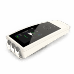 White ENS neuroadaptive therapy device with three silver electrodes and a digital screen.