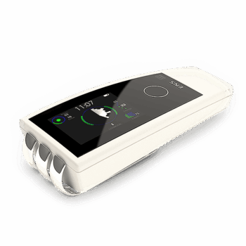 White ENS neuroadaptive therapy device with three silver electrodes and a digital screen.