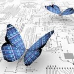 Digital illustration of butterflies with electronic wings over a white circuit board.