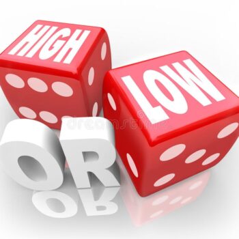 Red dice labeled "HIGH" and "LOW" with "OR" text.