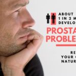 Man looking thoughtful beside text about natural solutions for prostate problems.