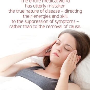 Woman in bed holding her head in pain with text about the true nature of disease.