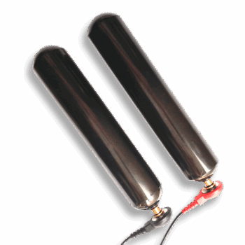 Pair of black 23mm Shungite cylinder remote electrodes with red and black cable connectors.