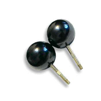 Pair of black 30mm Shungite large sphere electrodes with metal connector pins.