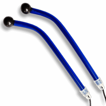 Pair of 12mm Shungite Mini-Spheres with blue flexible handles for remote electrostimulation.