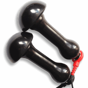 Pair of black 35mm Shungite semi-sphere remote electrodes with handles and cable connection.