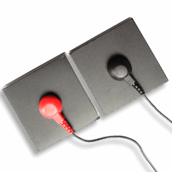 Pair of black 50x50mm Shungite square plate electrodes with red and black wire connectors.