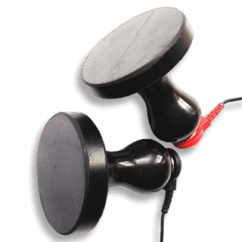 Pair of black 50mm Shungite flat disc remote electrodes with ergonomic handles and cable connectors.