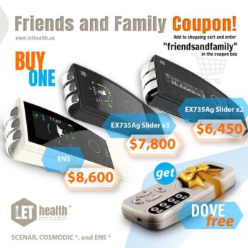 Friends and Family Coupon banner offering a free DOVE Scenar with purchase of ENS or EX735Ag Slider devices.