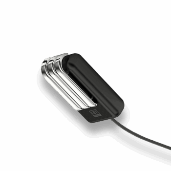 Black remote electrode with three silver ski-shaped contacts and connecting cable.