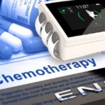 White ENS therapy device overlaid on a background of chemotherapy drugs and medical paperwork.
