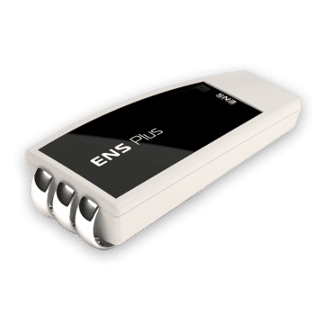 White ENS Plus handheld therapy device with three silver ski electrodes and black display screen.