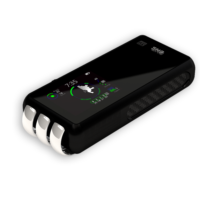 Black ENS Plus 2 handheld therapy device with three silver electrodes and AMOLED display