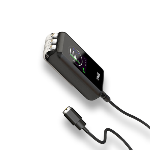 Black SKI-D smart remote electrode with OLED display, silver ski rails, and magnetic cable connector.