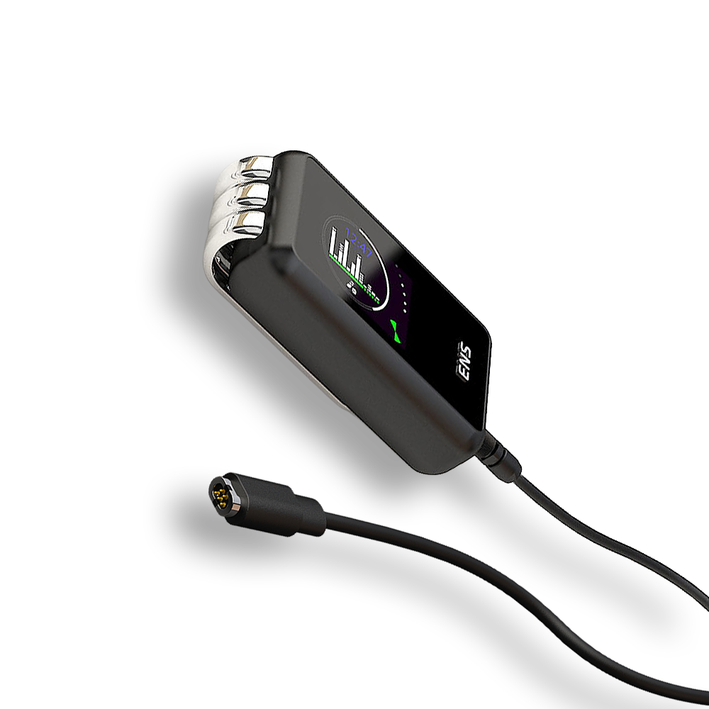 Black SKI-D smart remote electrode for COSMODIC ENS devices with OLED display and three silver rails.
