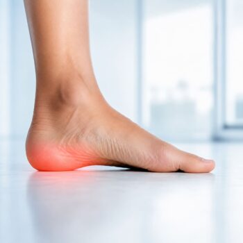 Bare foot with highlighted heel area representing plantar fasciitis pain