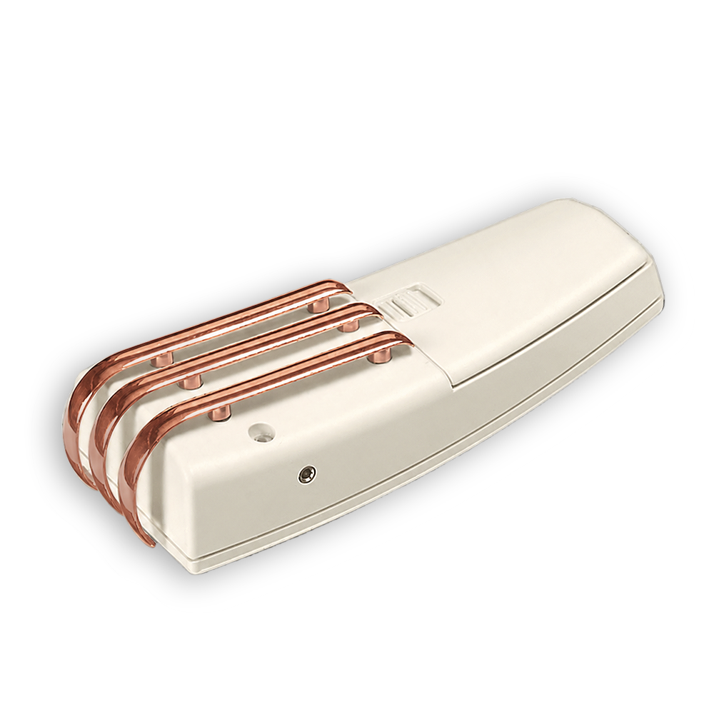 White COSMODIC VX735 Cu therapy device backend with three curved silver electrodes.