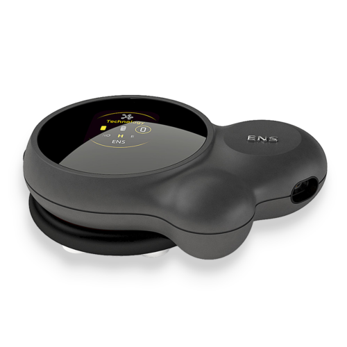 Angled front view of the black ENS Actu remote electrode with its color display and side connector port.