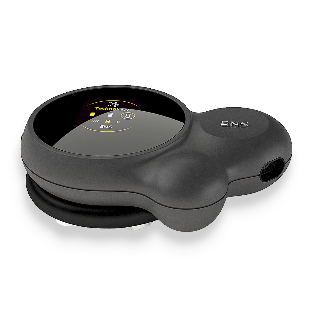 Angled front view of the black ENS Actu remote electrode with its color display and side connector port.