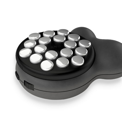 Close-up of the ENS Actu remote electrode treatment head with 18 raised metal contacts and side controls.