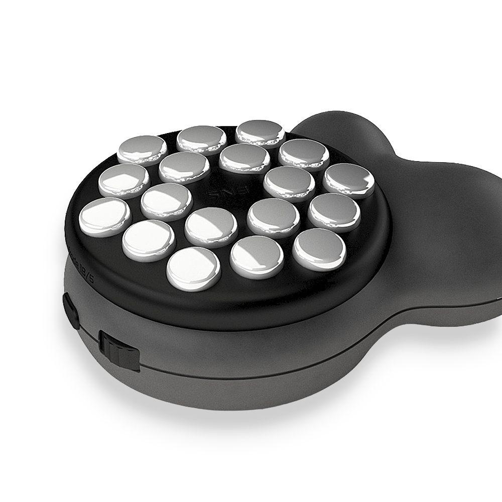 Close-up of the ENS Actu remote electrode treatment head with 18 raised metal contacts and side controls.