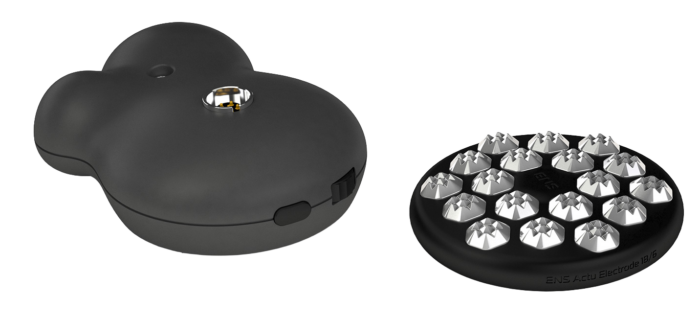 ENS Actu remote electrode with its main unit separated from the detachable 18-contact treatment head.
