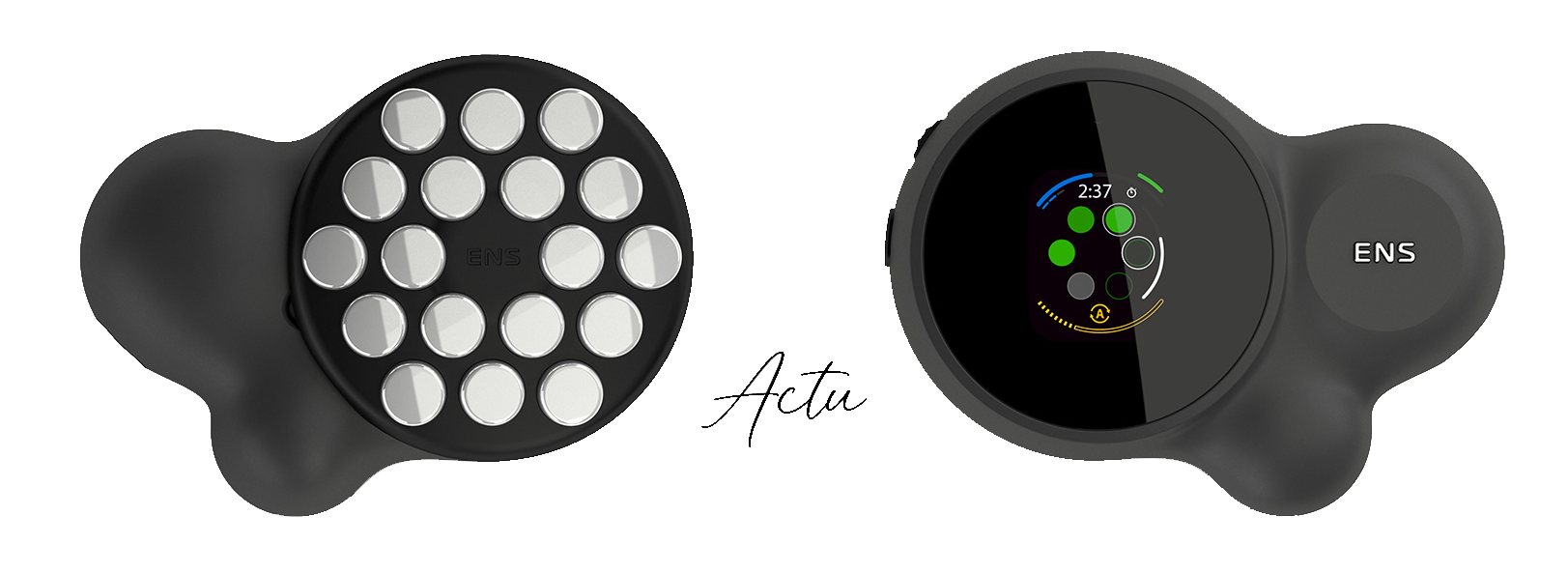 Front and back views of the ENS Actu remote electrode, showing its display and 18-contact treatment head.