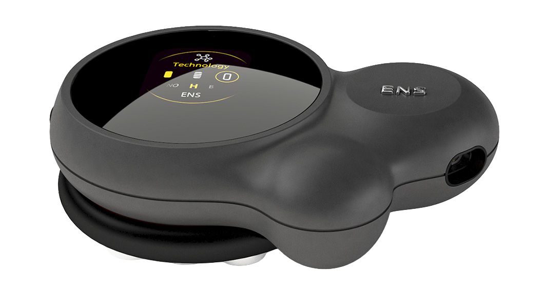 Angled front view of the black ENS Actu remote electrode with its color display and side connector port.